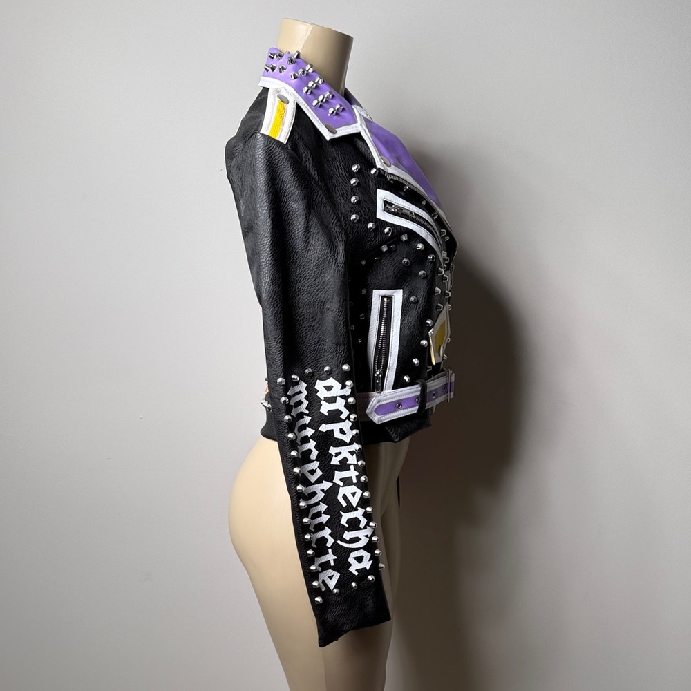 Studded Black Leather Biker Jacket with Pink & Purple Colorblock - Picture 8 of 8